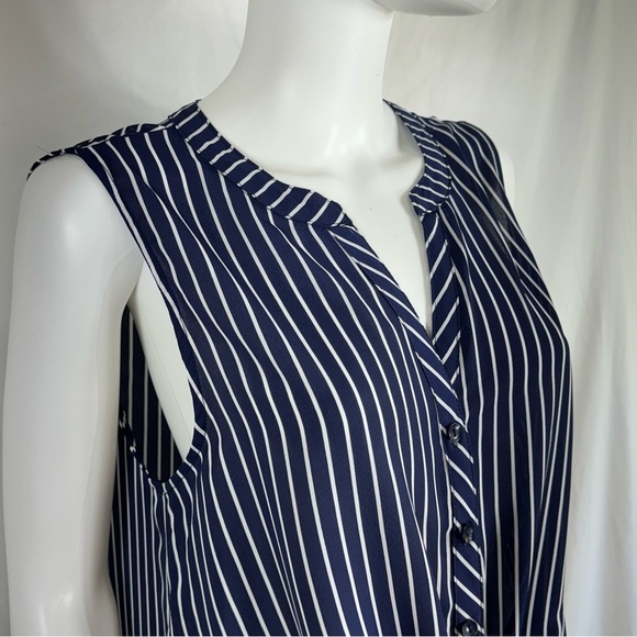Allie Rose Navy Blue & White Striped Sleeveless Tied Front Button Down - Picture 3 of 7